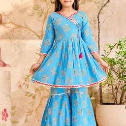 BAESD Girls Floral Printed Pleated Gotta Patti Pure Cotton A-Line Kurti With Sharara-picture-34