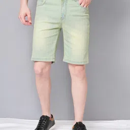 provogue Solid Men Green Denim Shorts image 1