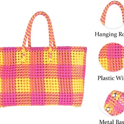 toyscharm Plastic Wire Koodai Basket,Pink and Yellow,Traditional Handwoven Wire Basket Storage Basket image 2