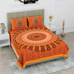 uniqchoice Orange Traditional 120 TC Cotton Queen Sized Bedsheet with 2 Pillow Cover-picture-35