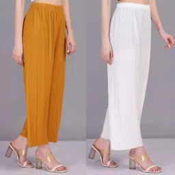 irha Pack of 2 Women Regular Fit Yellow, White Viscose Rayon Trousers-picture-24