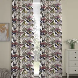 Grey Polyester Floral 9ft Semisheer Eyelet (2 pc) Long Door Curtains by ROSARAHOME image 1