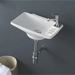 joyo cera Ceramic Wall Hung Wash Basin Glossy Finish/Wall Hung/Wall Mounted Ceramic Wall Hung/ Wall Mounted Premium Ceramic Wash Basin/Vessel Sink Slim Rim for Bathroom 16 x 10 Inch White Wall Hung Basin-picture-16