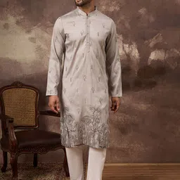 house of pataudi Men Embroidered Silk Blend Straight Kurta image 2
