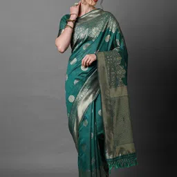 Mitera Teal Green & Gold-Toned Ethnic Motifs Zari Banarasi Saree image 1