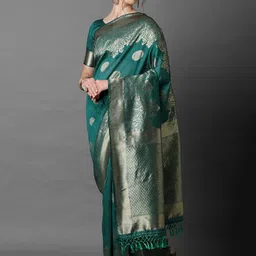 Mitera Teal Green & Gold-Toned Ethnic Motifs Zari Banarasi Saree image 2