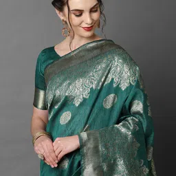 Mitera Teal Green & Gold-Toned Ethnic Motifs Zari Banarasi Saree image 4