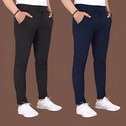 gibbonte Pack of 2 Men Slim Fit Black, Blue Lycra Blend Trousers-picture-38