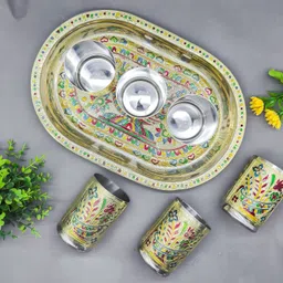 gajanand handicraft Stainless Steel Meenakari flower Tray Glass Set Golden Colour (Set of 7) Glass Tray Set image 4