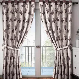 cortina Brown Floral Polyester 9 Ft Semisheer Eyelet Door Curtains (Set of 2) image 1