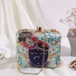 Swisni Women Sea Green & Blue Printed Box Clutch With Shoulder Strap-image-64