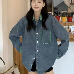 StyleCast x Revolte Blue Washed Spread Collar Longline Cotton Denim Jacket-picture-38