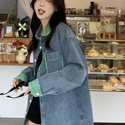 StyleCast x Revolte Blue Washed Spread Collar Longline Cotton Denim Jacket image 5
