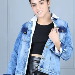 StyleStone Girls Blue Washed Fleece Denim Jacket image 4