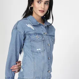 COSMIC TRIO Women Lightweight Denim Jacket with Patchwork image 2