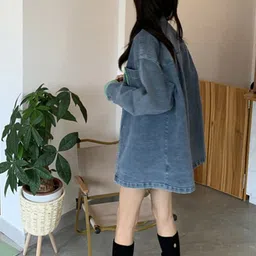 StyleCast x Revolte Blue Washed Spread Collar Longline Cotton Denim Jacket image 3