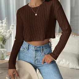 drfashion Casual Regular Sleeves Self Design Women Brown Top image 4