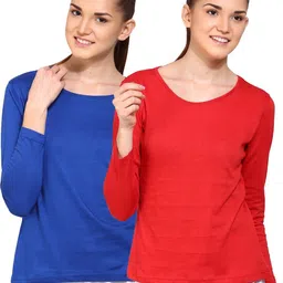 ap'pulse Pack of 2 Women Solid Round Neck Pure Cotton Red, Blue T-Shirt-picture-34