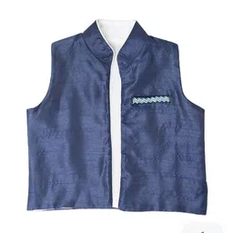 A Little Fable Boys Woven Mandarin Collar Slim-Fit Reversible Front-Open Waistcoat-picture-12