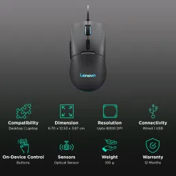 Lenovo M210 Wired RGB Gaming Mouse with 3 Zone RGB Lighting (8000 DPI Adjustable, 4 Levels DPI Switch, Black) image 2