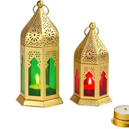 d4decor Moroccan Lantern with Tealight Candle Holder (Gold with Red & Green) Gold Iron Hanging Lantern image 4