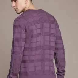 roadster Men Checkered Round Neck Purple Sweater image 2