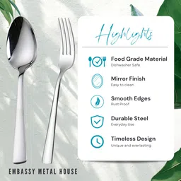 embassy Platinum 6 Pcs Dessert Fork 6 Pcs Dessert Spoon Combo Stainless Steel Dessert Spoon, Table Spoon Set image 2