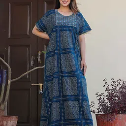 G4Girl Round Neck Short Sleeves Printed Cotton Maxi Ethnic Dress-picture-11