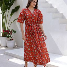 SANSKRUTIHOMES Floral Printed V-Neck Extended Sleeves Pure Cotton Maxi Kaftan Dress-picture-22
