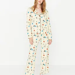 Trendyol Conversational Printed Lapel Collar Pure Cotton Shirt With Lounge Pant-picture-43