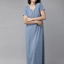 Zeyo Blue Printed Maxi Cotton Nightdress-picture-30