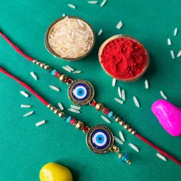 niozaki Bhaiya Bhabhi EVIL-EYE Kundan, Pearl, Gold Finish, Mauli Thread Lumba, Rakhi, Chawal Roli PackSet image 2