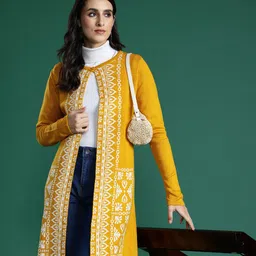 Sangria Ethnic Woven Design Longline Acrylic Front-Open Sweater-picture-11