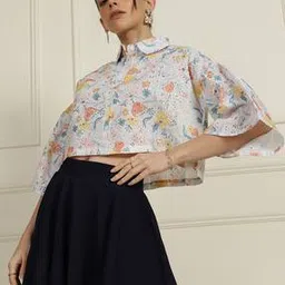 Shein Schiffli Embroidered Off- Crop-length Spread-collar Straight-hem Shirt-image-60