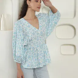 Shein Elegant Floral Print Peasant Sleeves Flared Hem Pullover Tunic Top-picture-12