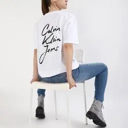 calvin klein jeans Women Script Institutional Bf Regular Fit Crew-Neck T-Shirt-picture-30