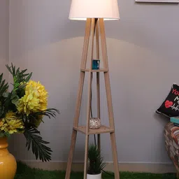 Homesake White & Beige Faraday Wood Floor Lamp with 3 Layer Shelf Space-picture-27