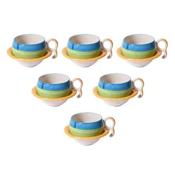 unravel india Tri 100ml Green & Blue Stoneware (Set of 12) Tea Cup & Saucer Set image 2