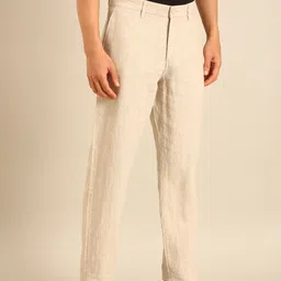 linen club Men Slim Fit Beige Linen Blend Trousers image 3
