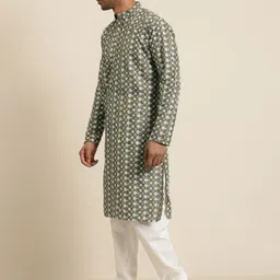 SOJANYA Men Olive Green & White Embroidered Kurta with Churidar image 2