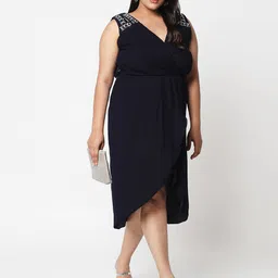 Curves by MISH Plus Size Navy Blue Embellished Accordian pleats Dress-picture-35