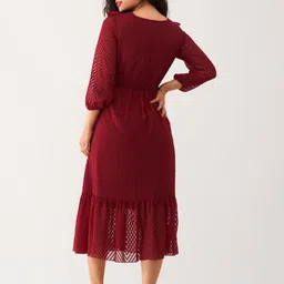 SIDYAL Chevron Self Design Puff Sleeve Georgette Fit and Flare Midi Dress image 2