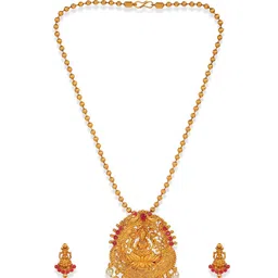 ANIKAS CREATION Gold-Plated Red Stone-Studded & Beaded Antique Matte Finish Goddess Laxmi Temple Jewellery Set image 2