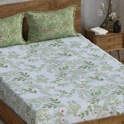 Huesland White & Green Floral 144 TC Cotton Double Queen Bedsheet With 2 Pillow Covers-image-37