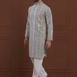 SOJANYA LUXE Geometric Embroidered Sequinned Mandarin Collar Straight Kurta image 3