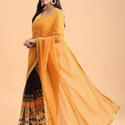 Sangria Women Orange & Multicolor Printed Half and Half Georgette Saree image 1