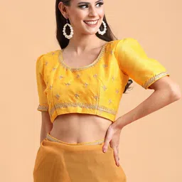 Sangria Women Orange & Multicolor Printed Half and Half Georgette Saree image 4