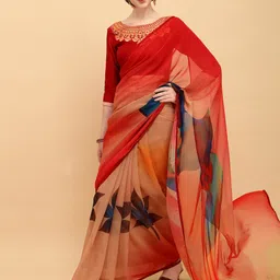 Sangria Red & Orange Floral Embroidered Pure Georgette Saree image 3