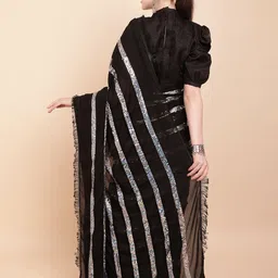 Sangria Black & Silver Striped Sequinned Pure Georgette Saree image 4