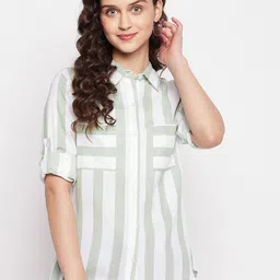 Ruhaans Women Green Classic Striped Cotton Casual Shirt-picture-57